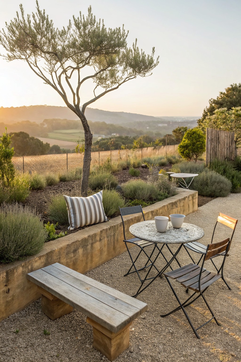 An outdoor patio with a concrete bench holding a striped pillow, a round stone table with two cups, wooden and metal chairs, and a tree set against a hilly landscape.