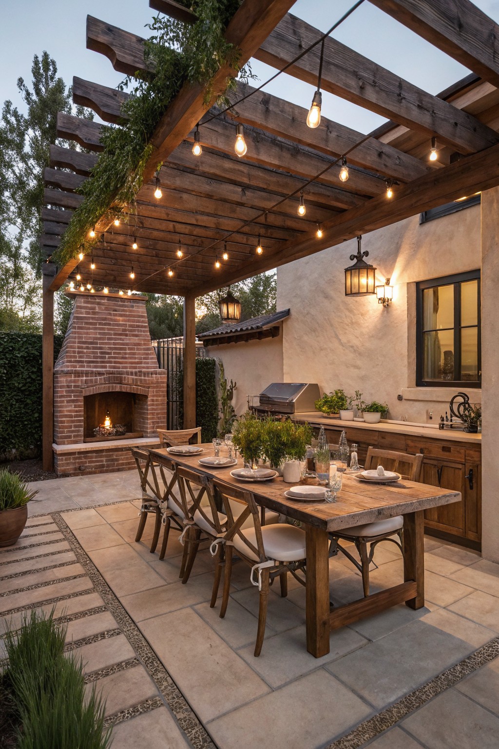 Rustic wooden dining table under a pergola with string lights and brick fireplace