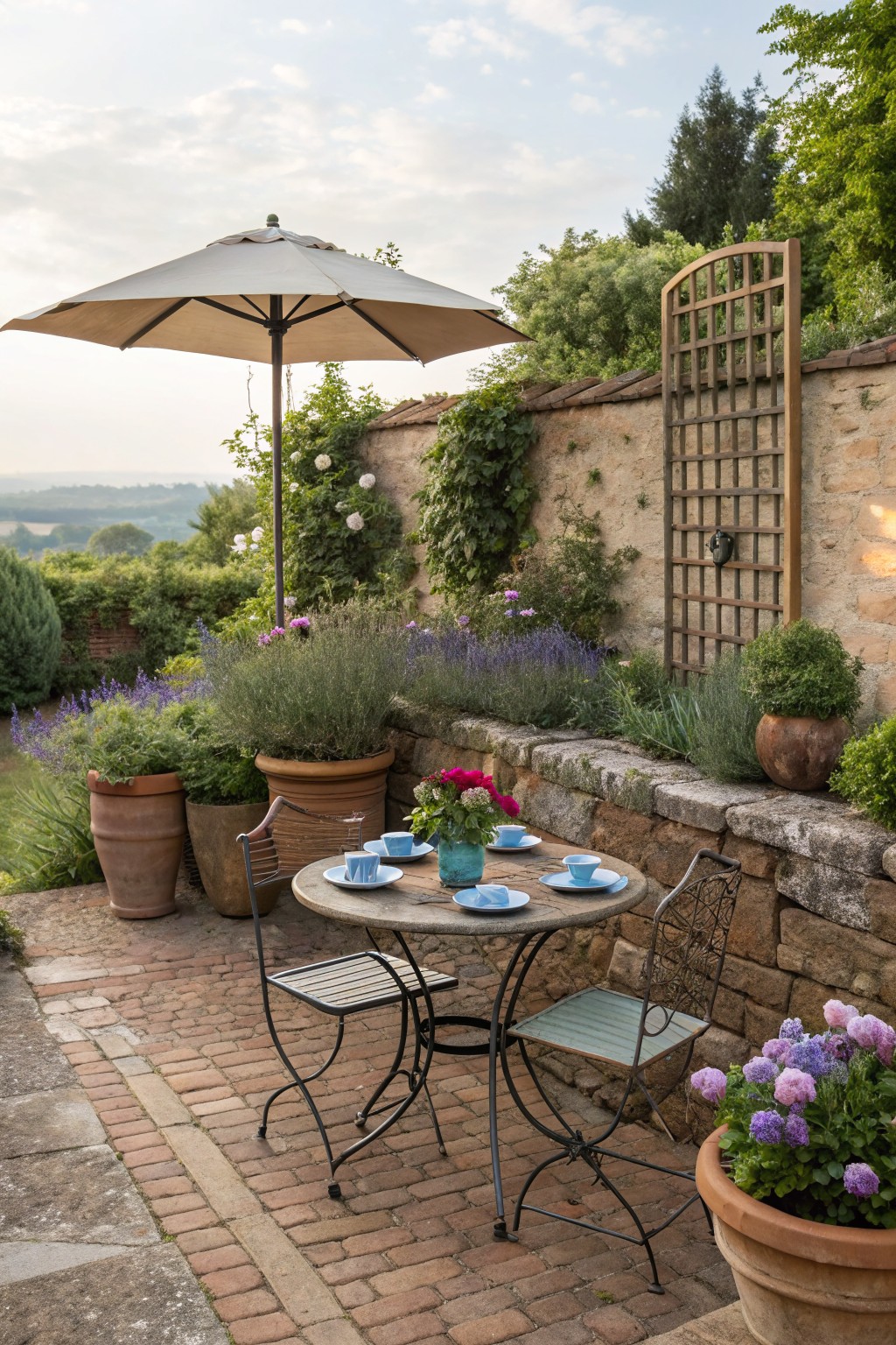 A round patio table with blue cups and a flower arrangement sits under a large beige umbrella on a brick surface, surrounded by potted plants and a stone wall.