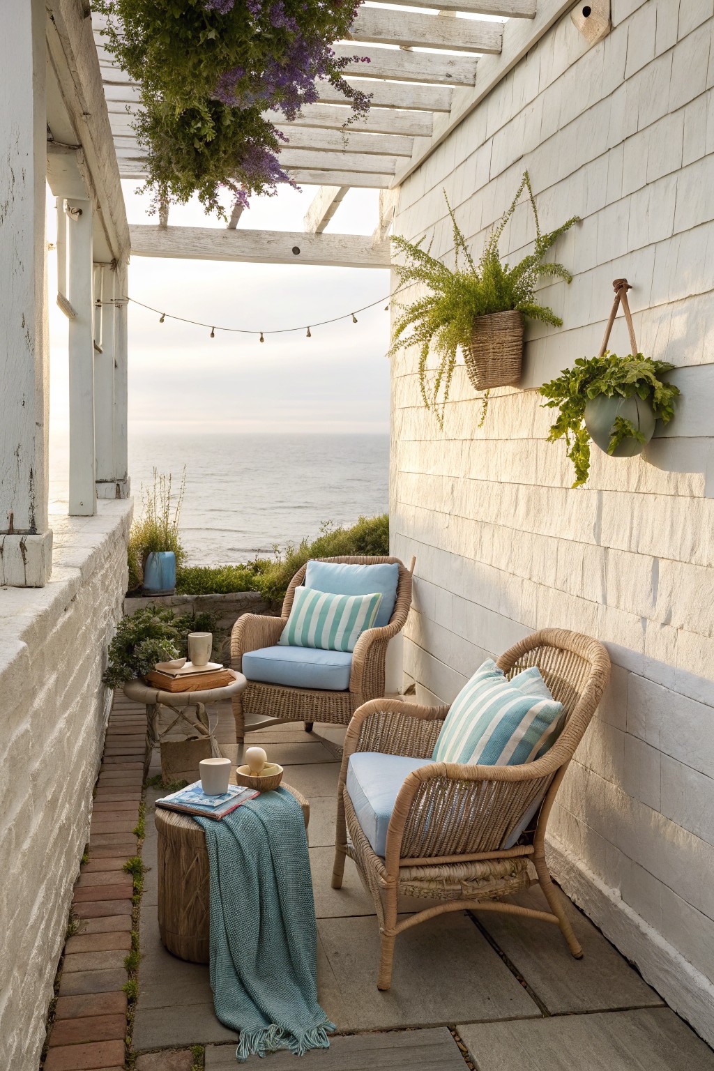 Two wicker armchairs with light blue cushions and striped pillows sit on a stone patio beside a white shingled wall with hanging plants.