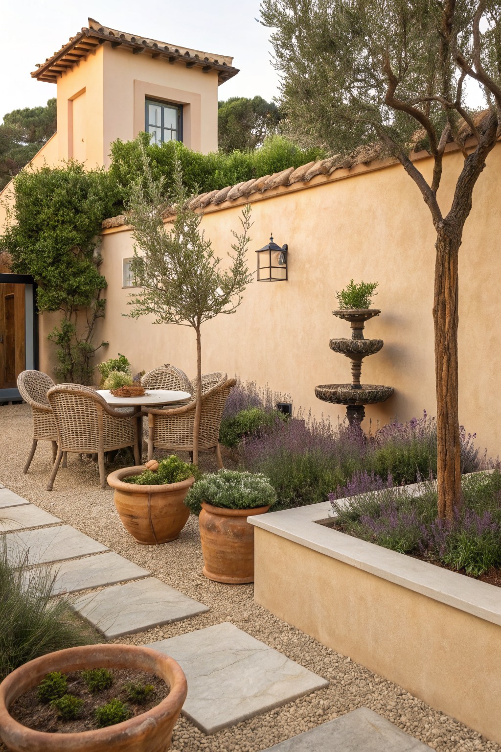 A courtyard garden with gravel and stone paths, wicker seating, potted plants, a small tree, a tiered fountain, and a raised bed of purple flowering shrubs against a stucco wall.
