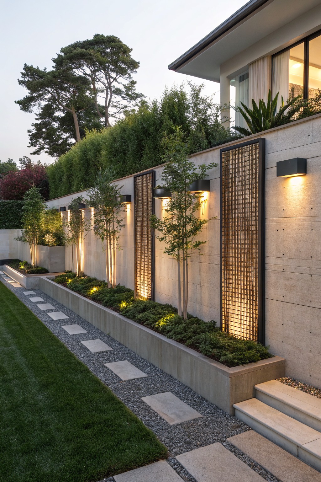 A concrete garden wall fitted with tall rectangular mesh privacy screens lit from below, next to a narrow planted bed and concrete stepping stones.