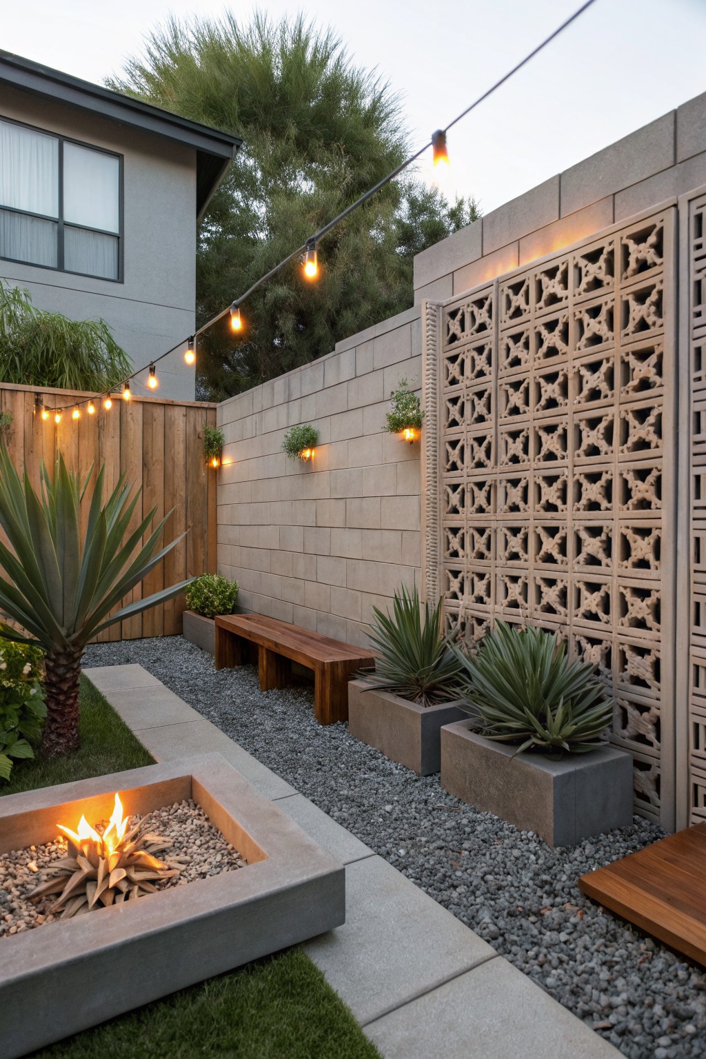 A backyard patio area with a concrete wall featuring decorative screen blocks, a wooden bench, concrete planters with agave plants, a fire pit, and string lights overhead.