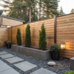 A modern backyard with a horizontal wood fence, several large gray planters holding tall evergreen trees, a gravel bed, and a stone paver path.