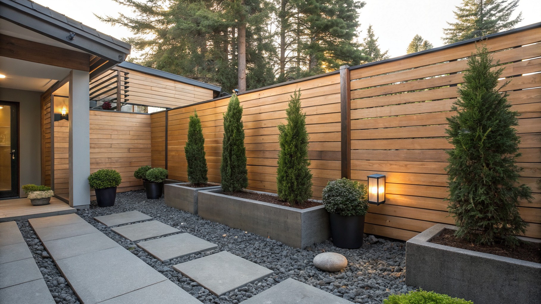 A modern backyard with a horizontal wood fence, several large gray planters holding tall evergreen trees, a gravel bed, and a stone paver path.
