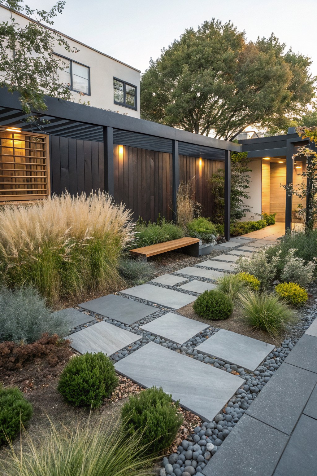 Modern garden with stone paver path, gravel, grasses, bench, and lit pergola.