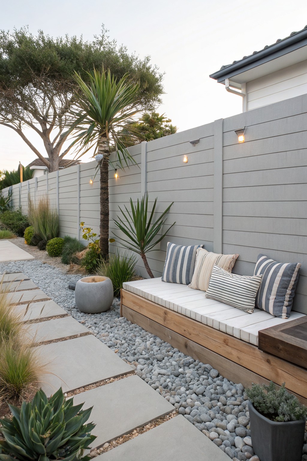A modern backyard features a gray horizontal slat fence with a built-in wooden bench holding striped cushions, surrounded by gravel, concrete pavers, and low-maintenance plants including succulents and a tall palm.