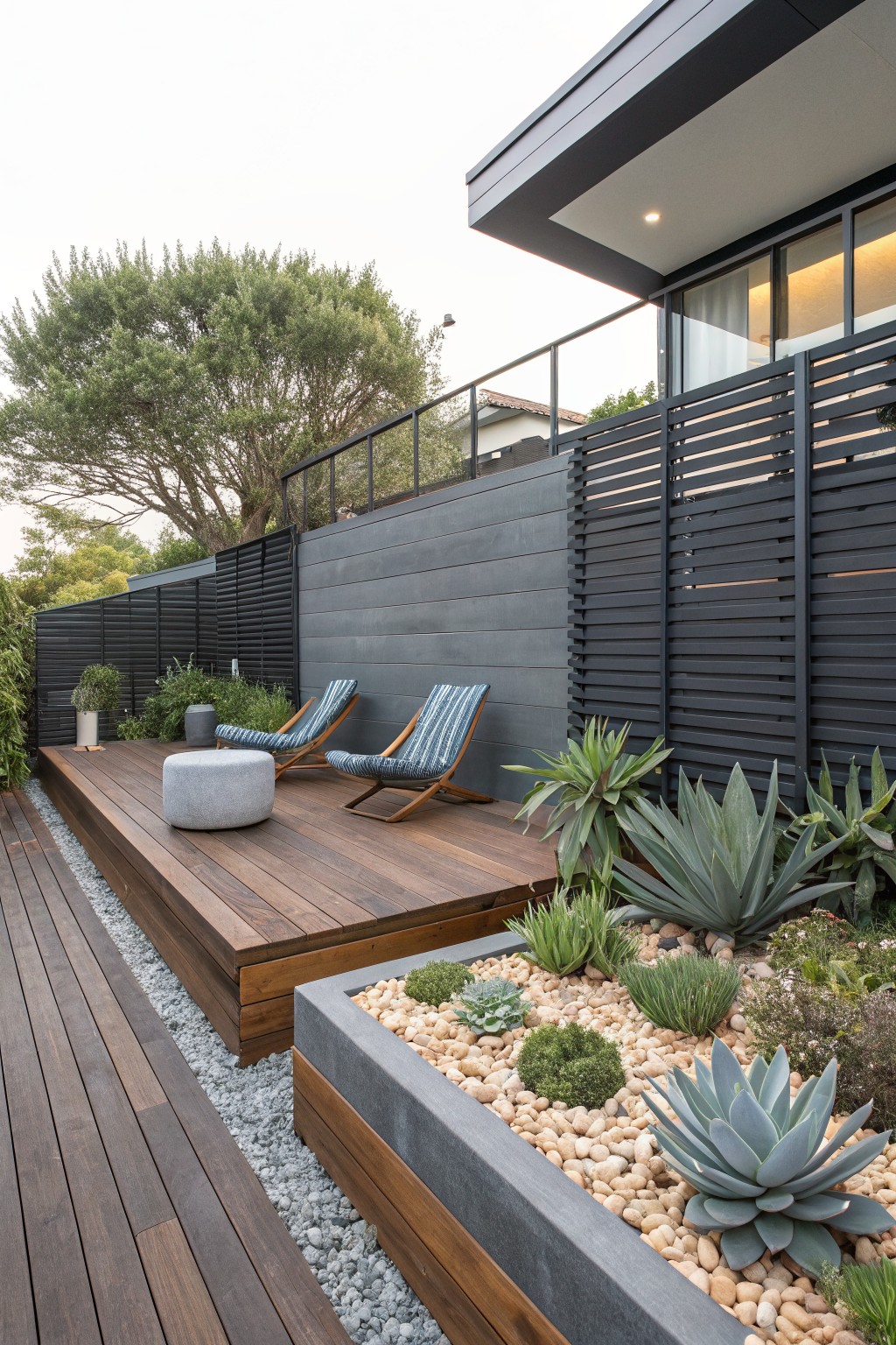 A modern wooden deck with two striped lounge chairs and a gray ottoman, enclosed by dark horizontal fencing and slatted panels, with a gravel bed of succulents and agave in the foreground.