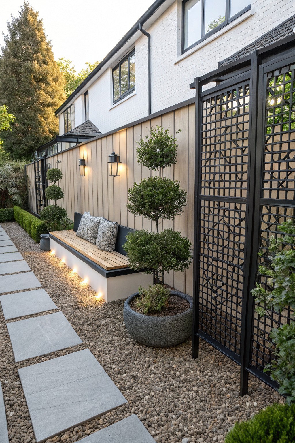 A side yard with a built-in bench, gravel surface, stone pavers, potted shrubs, and black lattice privacy screens mounted along a house wall.