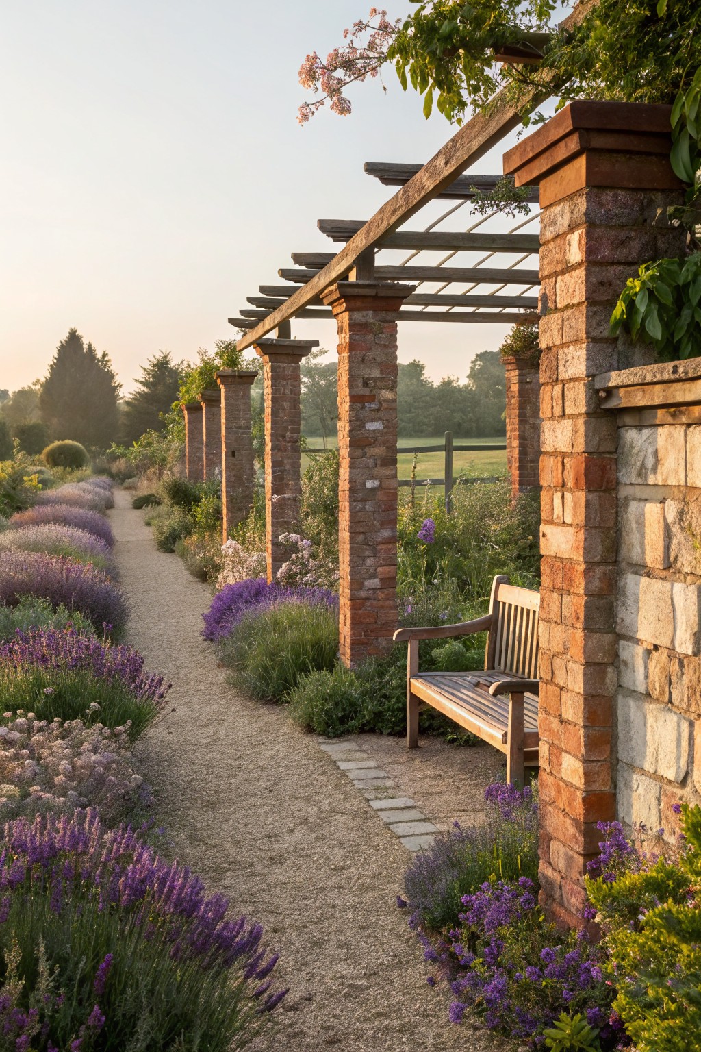 A gravel garden path lined with lavender plants runs beside a wooden pergola supported by brick pillars, with a wooden bench positioned near the right side.