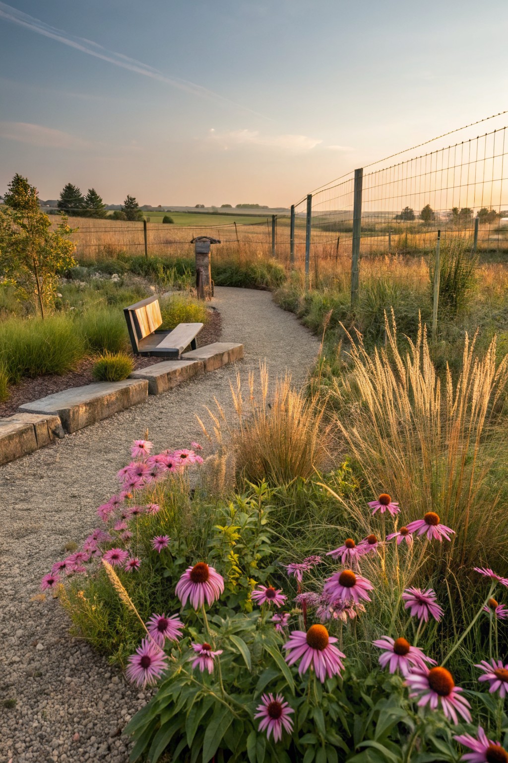 Gravel path with pink coneflowers, bench, tall grasses, and wire fence at sunset