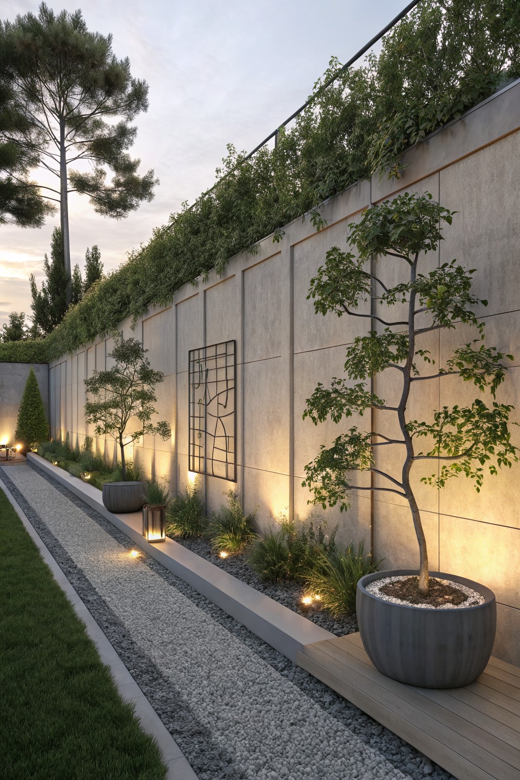 A long concrete wall topped with cascading greenery, large potted trees on a wooden platform, and a gravel path lined with low plants and small lights.