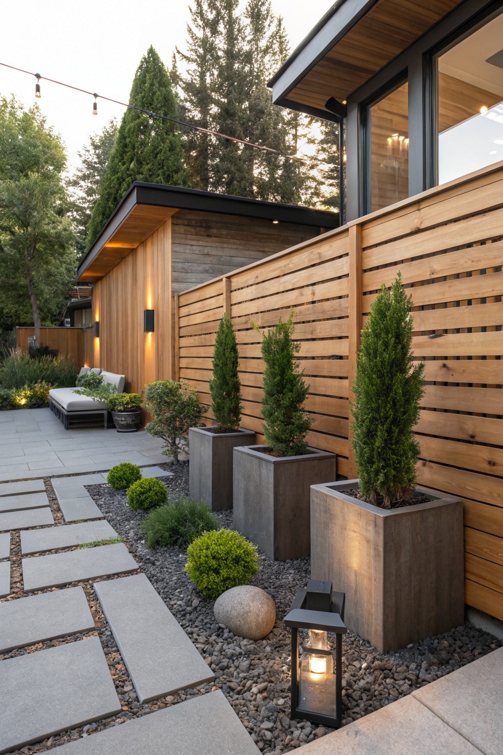 A modern backyard with a horizontal wood fence, several large gray planters holding tall evergreen trees, a gravel bed, and a stone paver path.