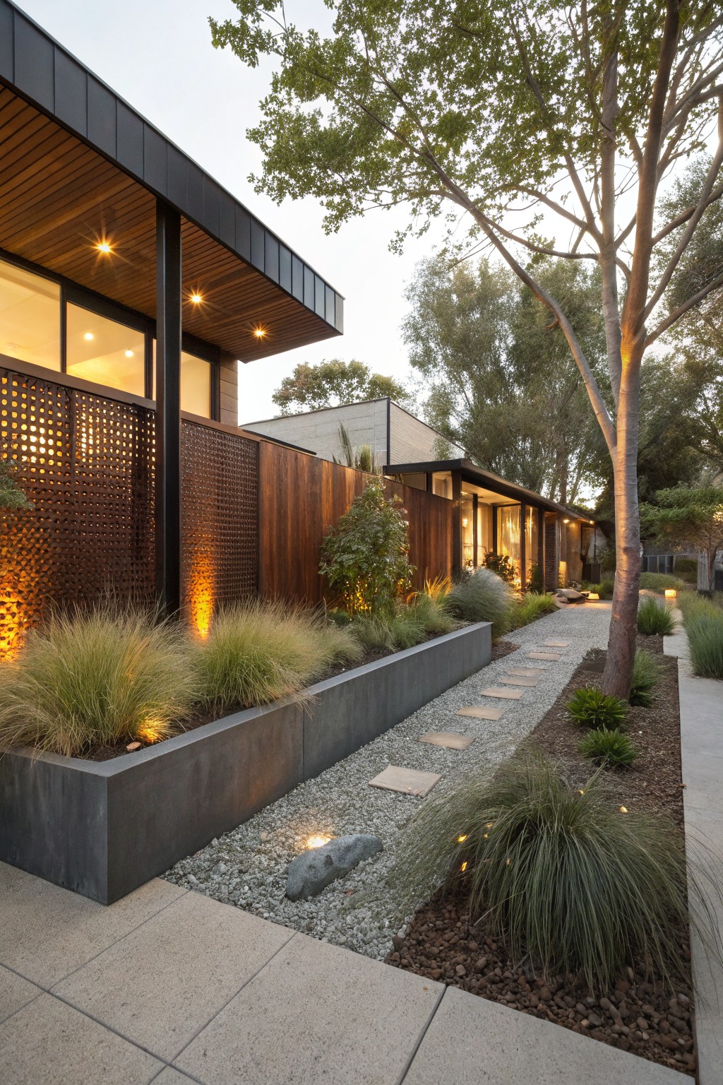 Modern house exterior with raised concrete planters holding tall grasses, a perforated metal screen, a gravel path with stepping stones, and evening lighting.
