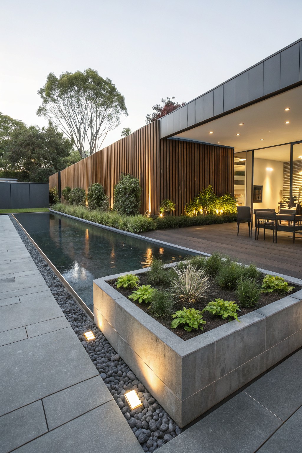 A modern backyard featuring a large rectangular concrete planter with assorted green plants beside a narrow pool, wooden deck, and vertical wood fence with ground level landscaping.