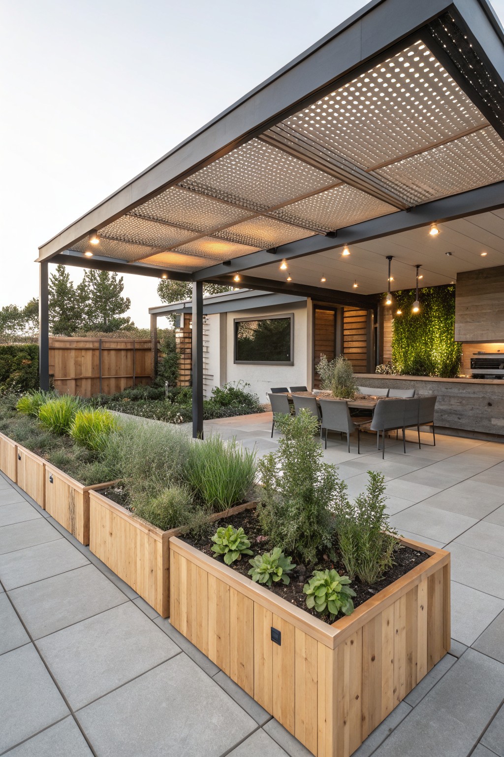 Modern outdoor patio with a metal pergola overhead, dining table and chairs, raised wooden planter boxes with mixed plants in the foreground, and a green living wall in the background.