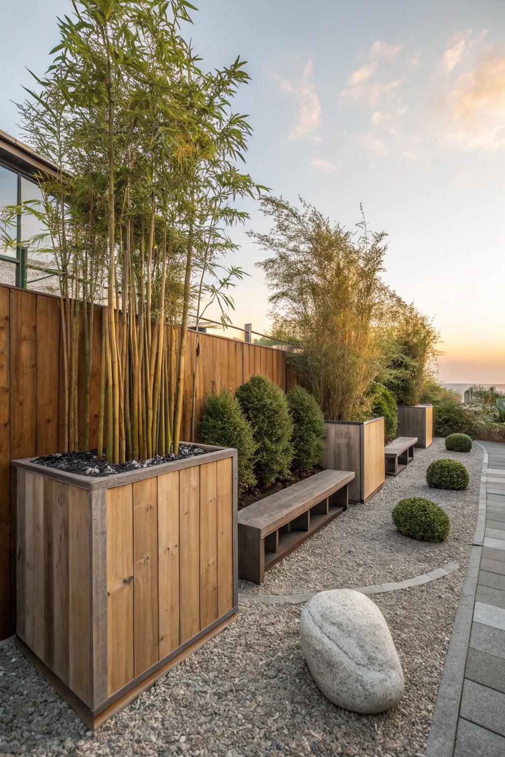 A backyard area with tall bamboo growing in large wooden planters along a fence, gravel ground, low shrubs, and simple benches.