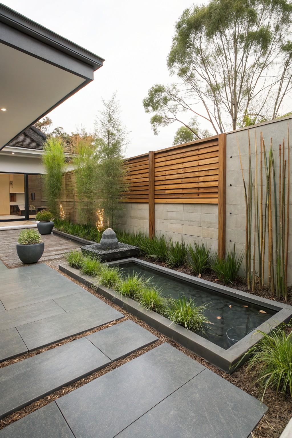 A backyard view showing a rectangular pond edged with tall grasses, a stone paver path, and a fence made of concrete panels topped with horizontal wood slats.