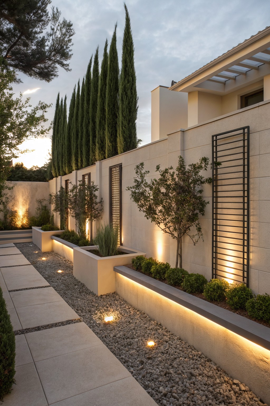 A modern backyard features a long beige wall with raised planters, low shrubs, a gravel path with ground lights, and a row of tall narrow evergreen trees along the boundary.