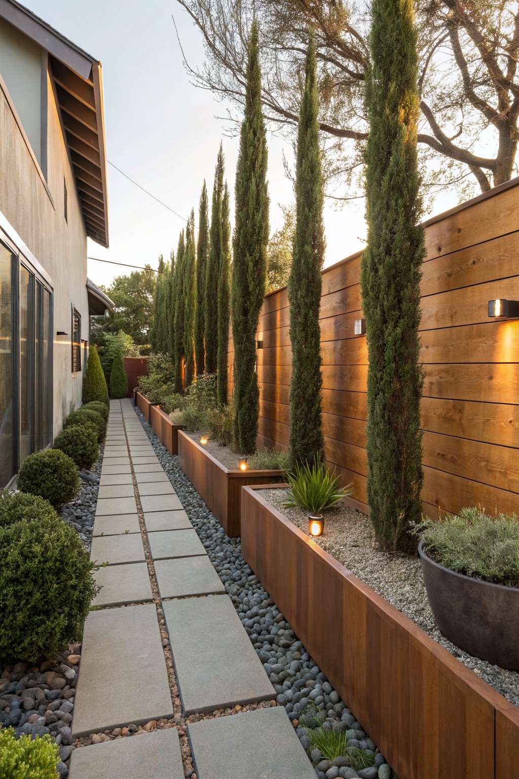 Narrow stone path lined with tall cypress trees in wooden planters by modern house