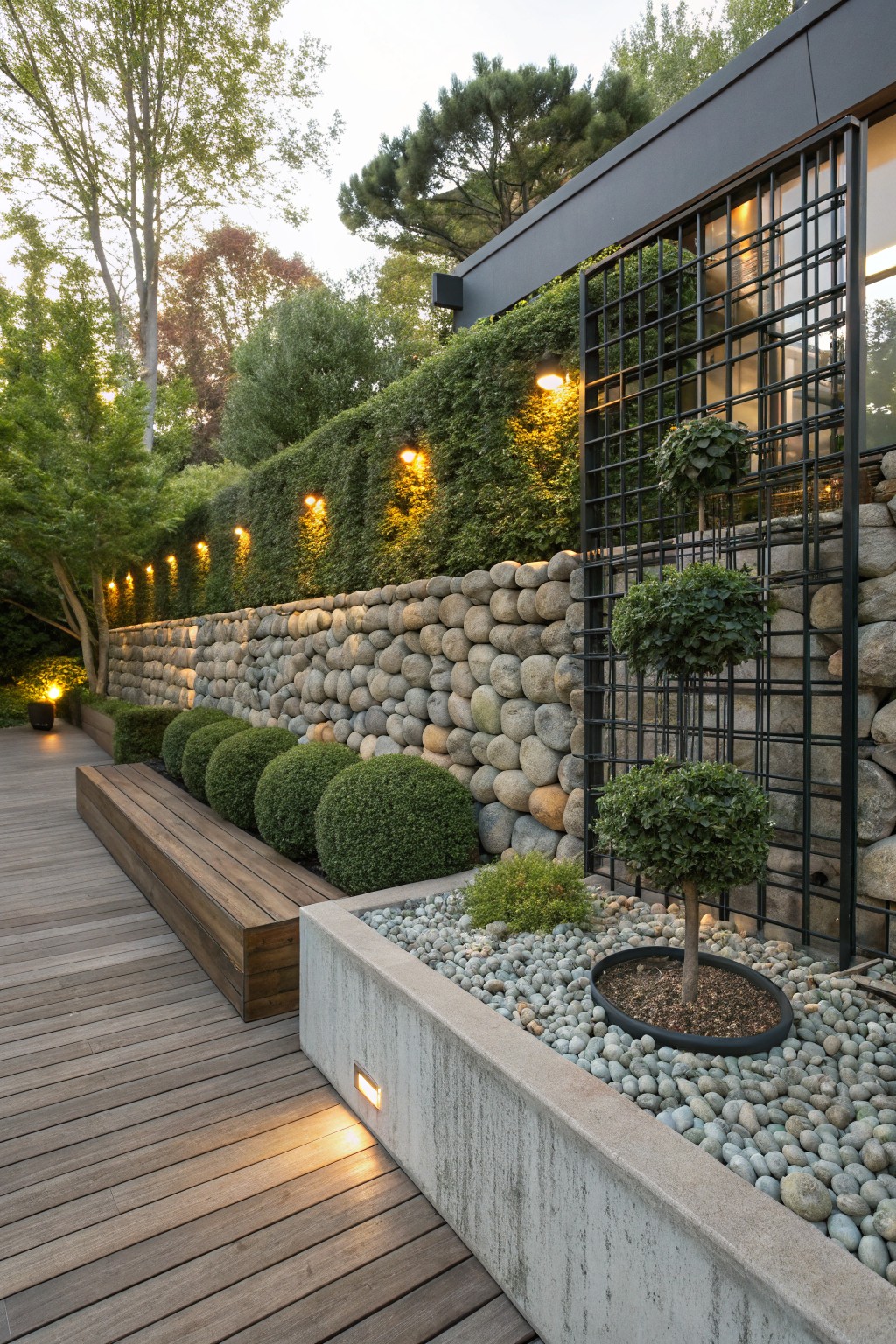 A modern backyard with a wooden deck, concrete planter, rounded shrubs, and a tall stone wall topped with a dense green hedge and wall-mounted lights.