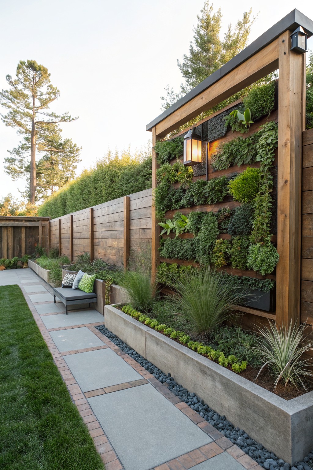 A tall wooden frame with horizontal slats holds rows of green plants forming a living screen beside a concrete planter bed with grasses along a stone path.