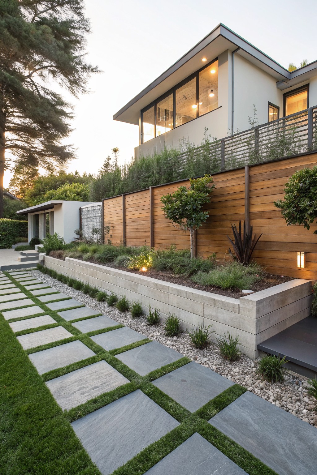 A modern house exterior with horizontal wood fencing, raised concrete planters holding shrubs and grasses, and a stone paver path set in grass.