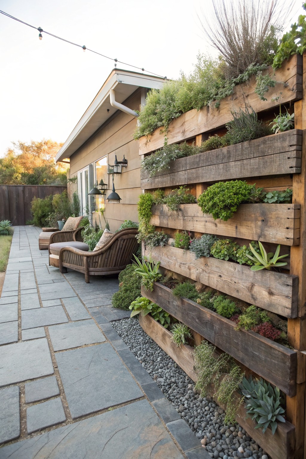 A tall wooden vertical garden wall filled with various plants stands beside a stone pathway and outdoor seating area.
