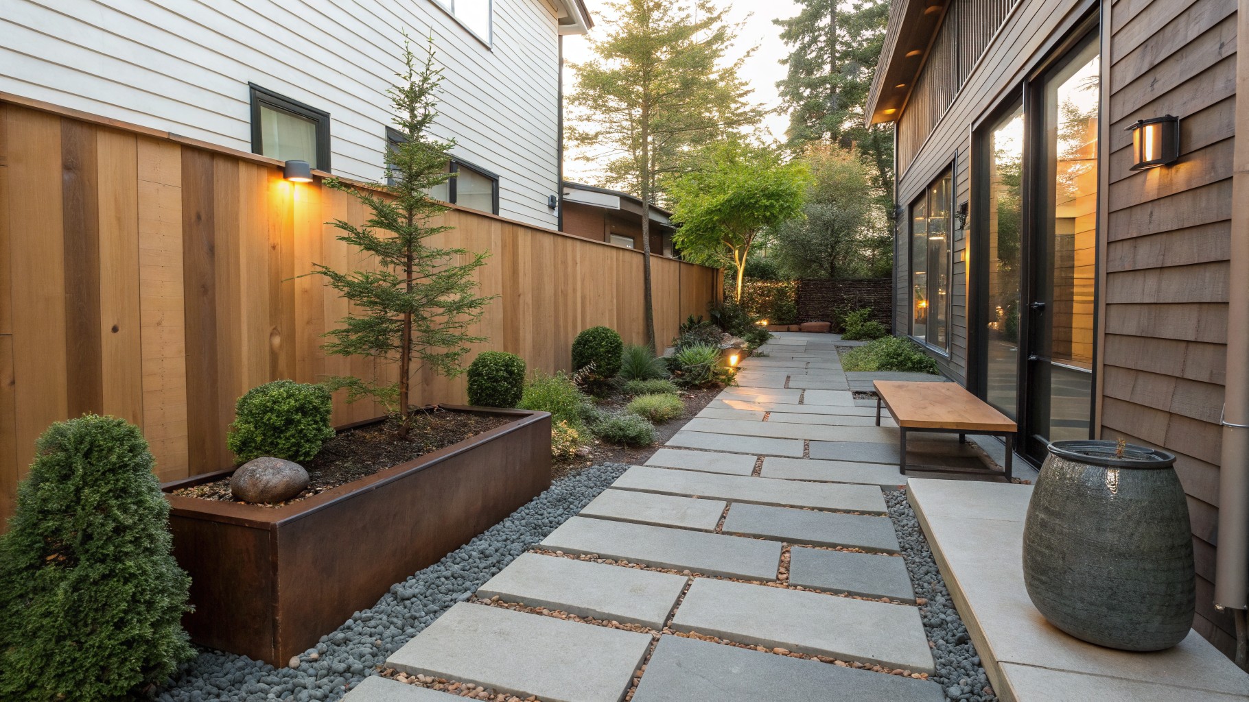 A narrow outdoor path lined with rectangular concrete pavers set into gravel, bordered by raised planters holding evergreen shrubs next to a wooden fence and stone house wall.