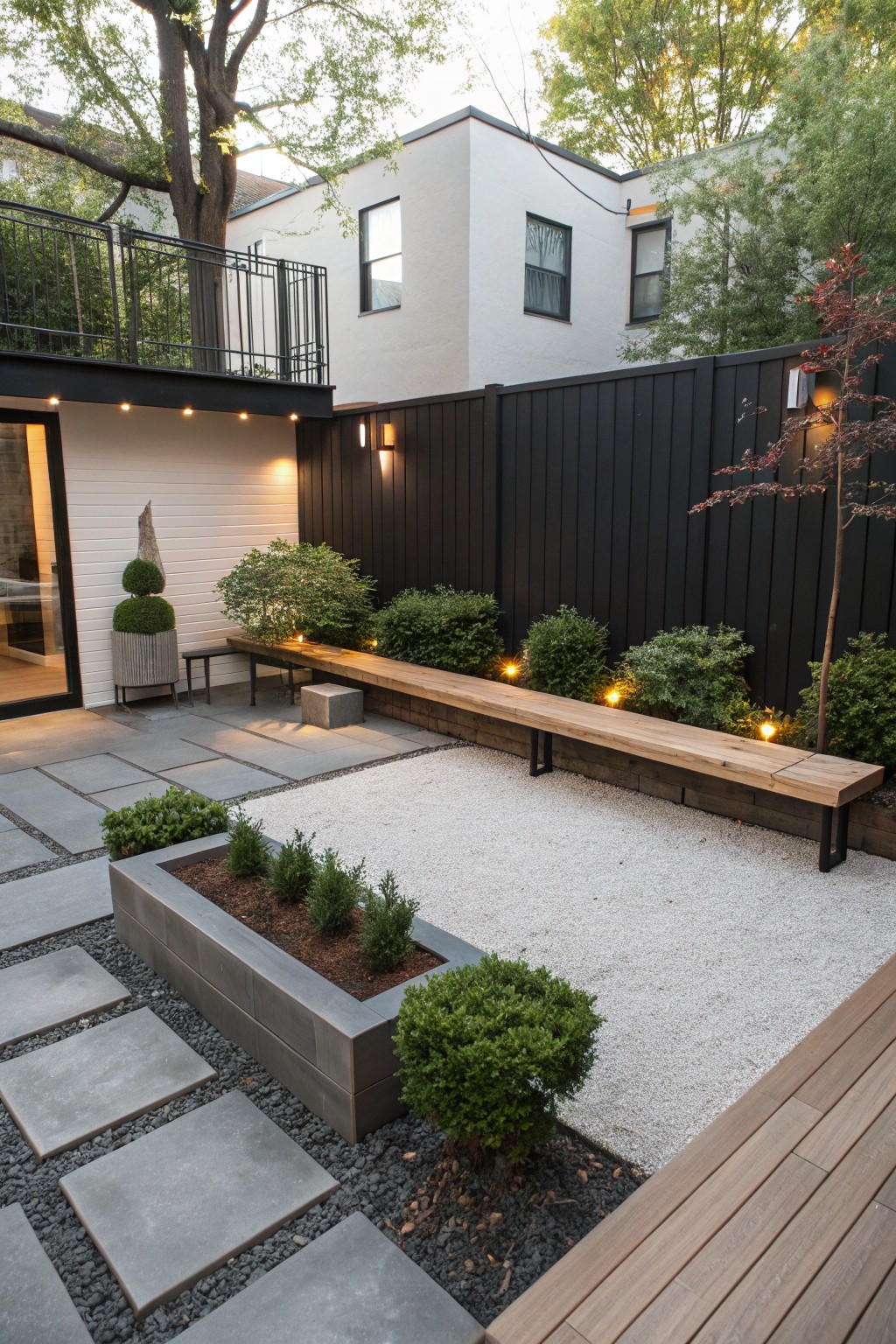 A small backyard with light gravel covering most of the ground, a raised concrete planter with mulch and small evergreens, a long wooden bench along a dark fence, and gray pavers on the left side.