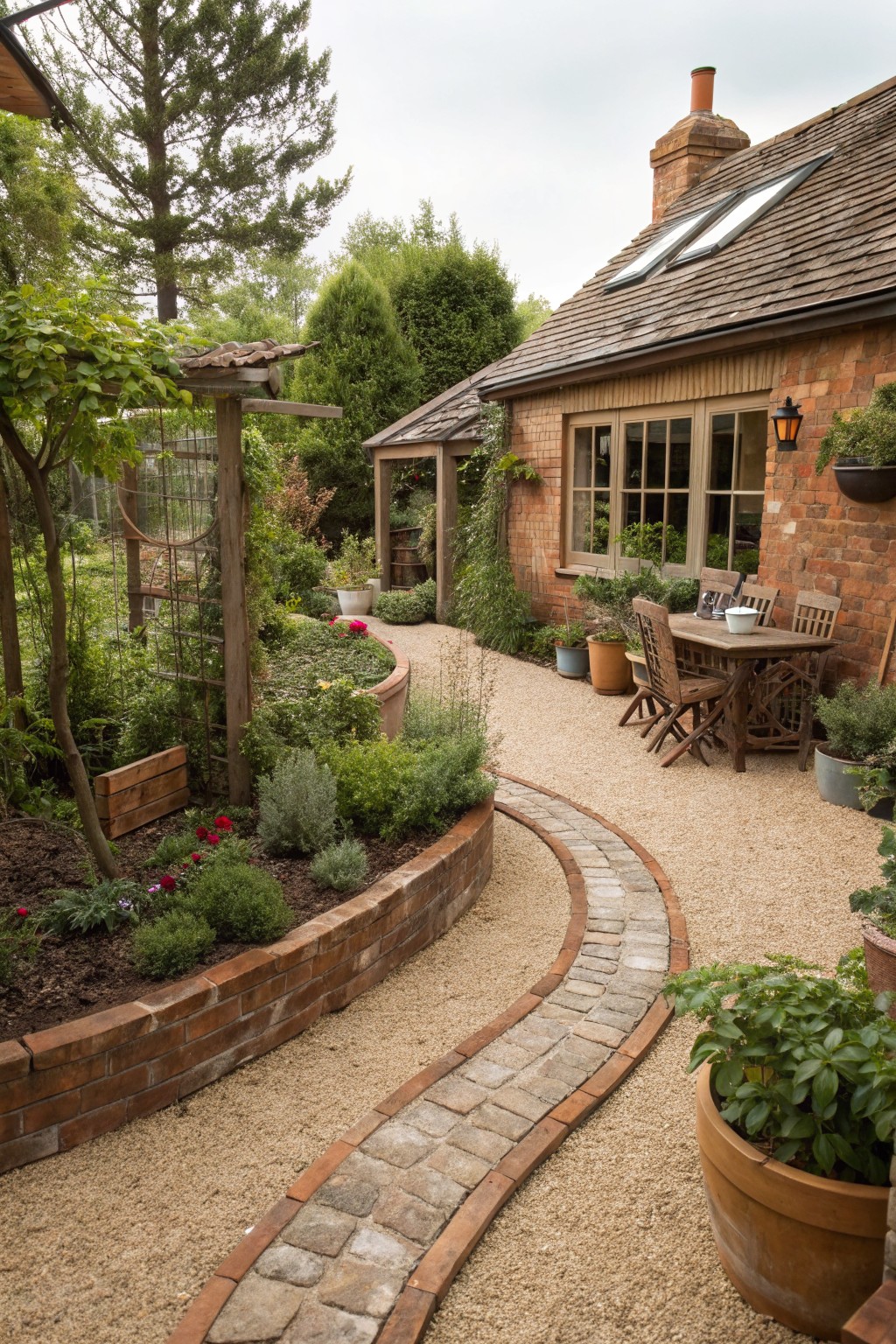 A backyard garden with a curved gravel path lined by brick edging, planted beds, and a gravel seating area beside a brick house.