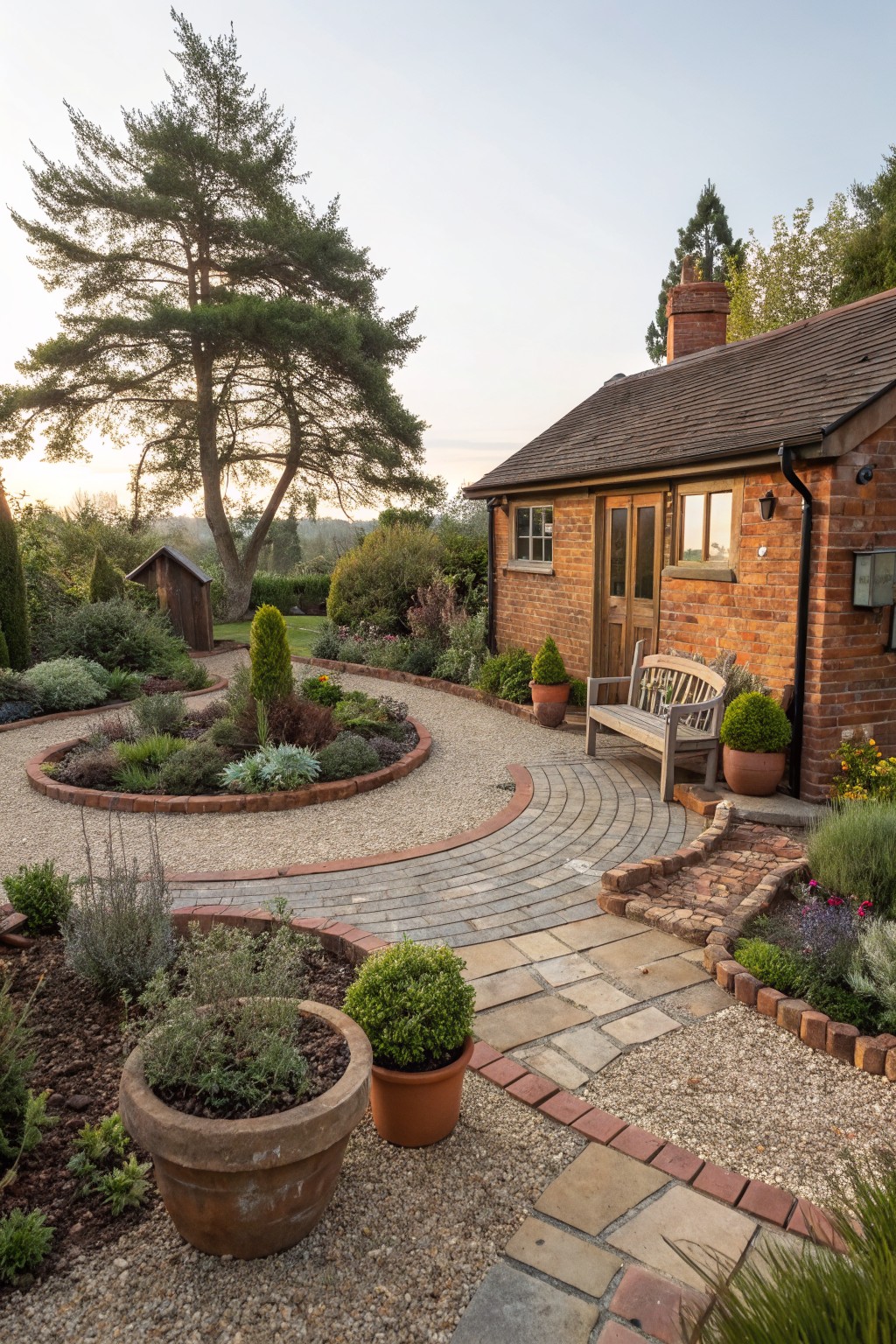 A backyard with a brick house, curved gravel paths edged with brick, a stone patio area, wooden bench, and several potted evergreen shrubs.