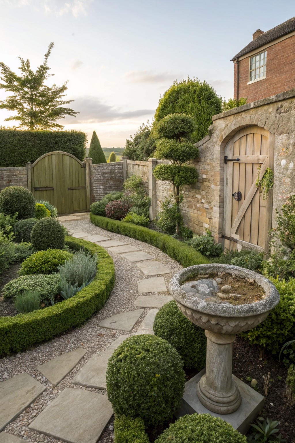 A winding gravel path with stone pavers runs through clipped evergreen shrubs beside a stone wall and wooden gates in a garden setting.