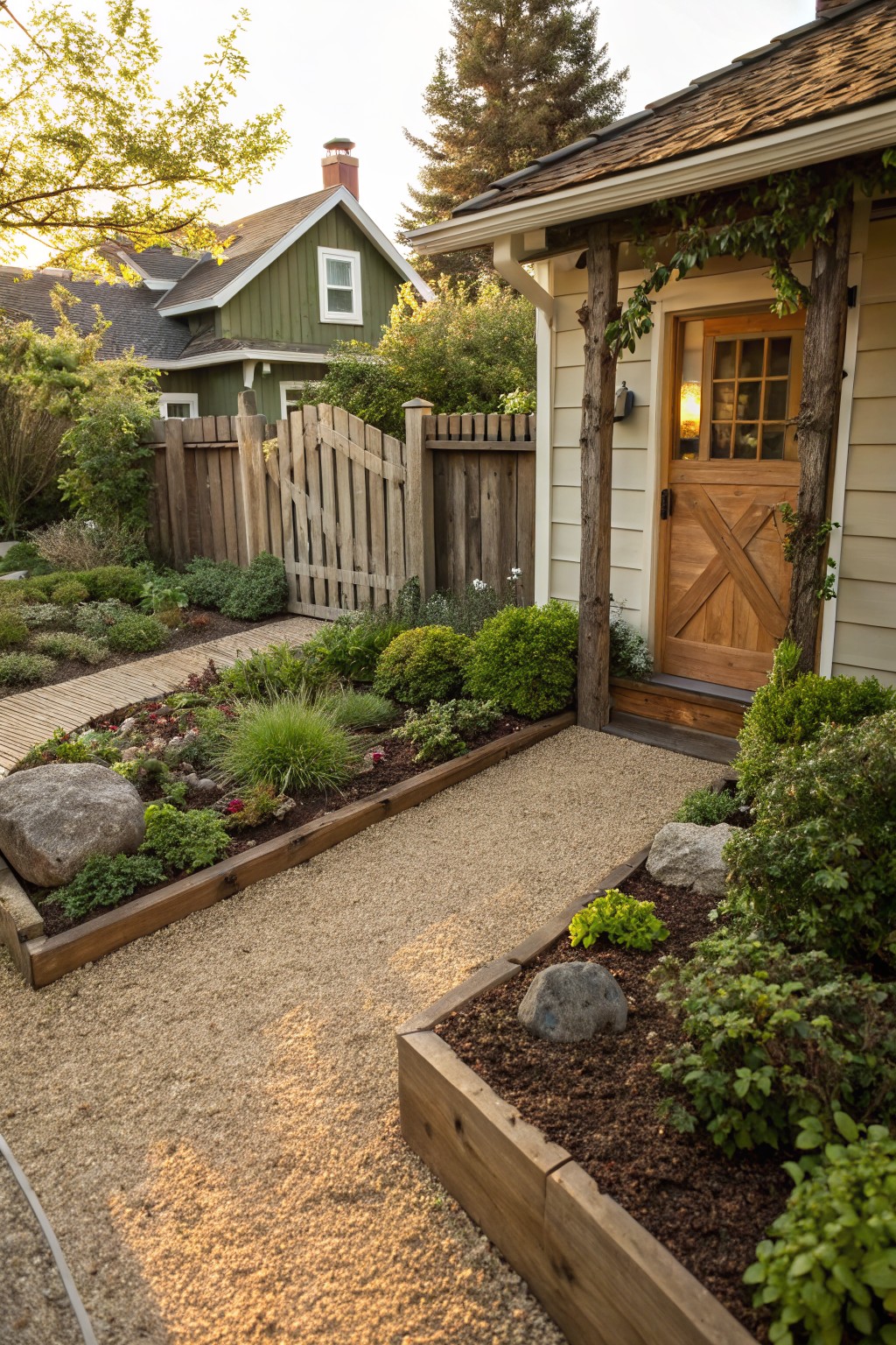 A backyard view showing gravel paths beside wooden raised garden beds filled with shrubs and plants, next to a house with a wooden door and fence.