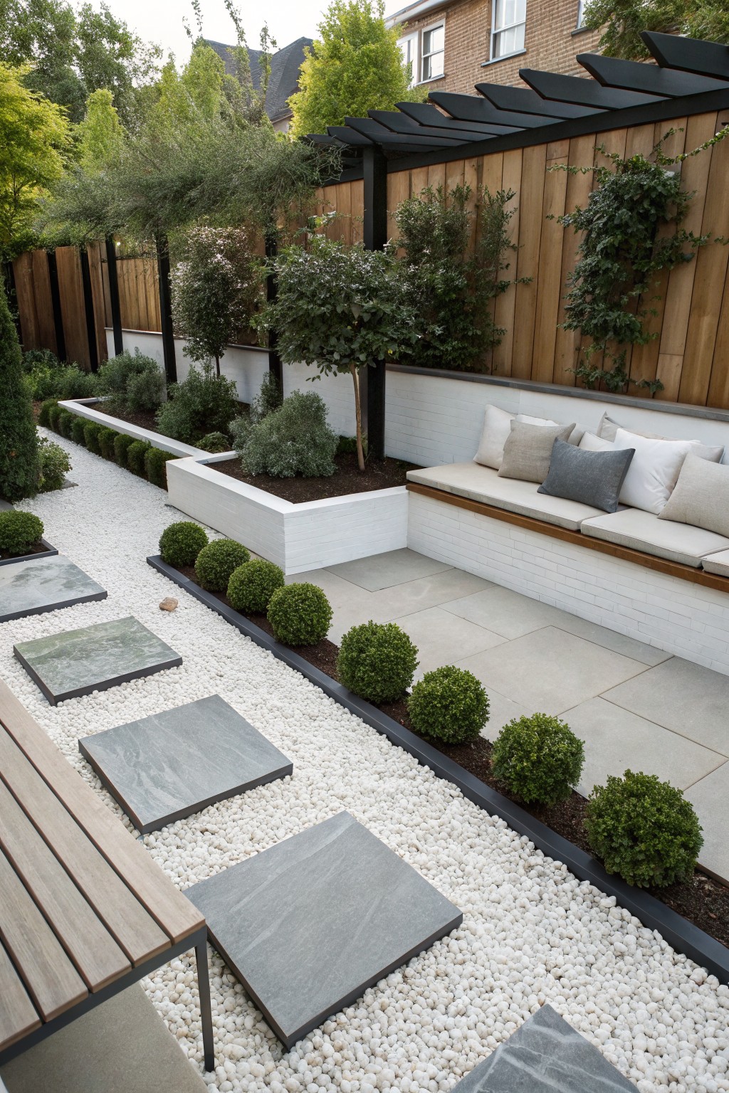 A backyard view shows white gravel paths with large gray stone stepping stones, bordered by rounded evergreen shrubs and a raised white planter.
