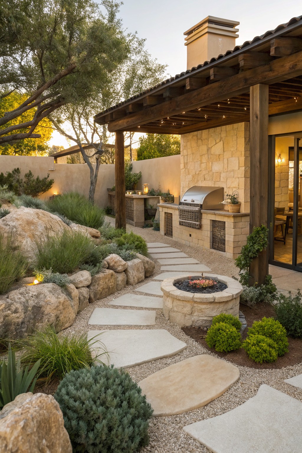 A backyard with irregular light stone stepping stones set into gravel, bordered by rocks, shrubs, and a round stone fire pit near a covered patio.