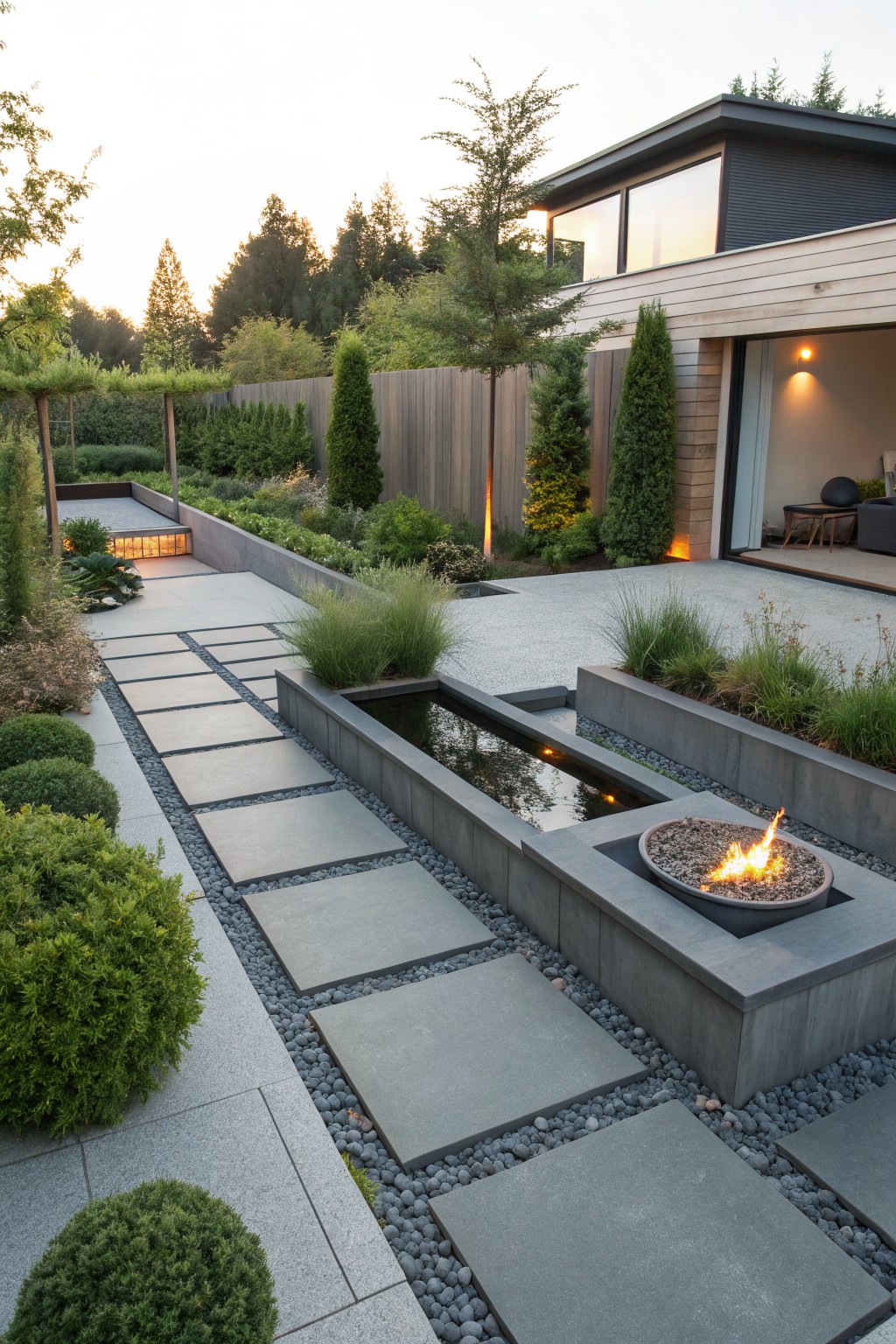 A backyard landscape with large concrete stepping stones set in gravel, a long rectangular water feature, a round fire pit, and rows of evergreen shrubs and trees beside a modern house.