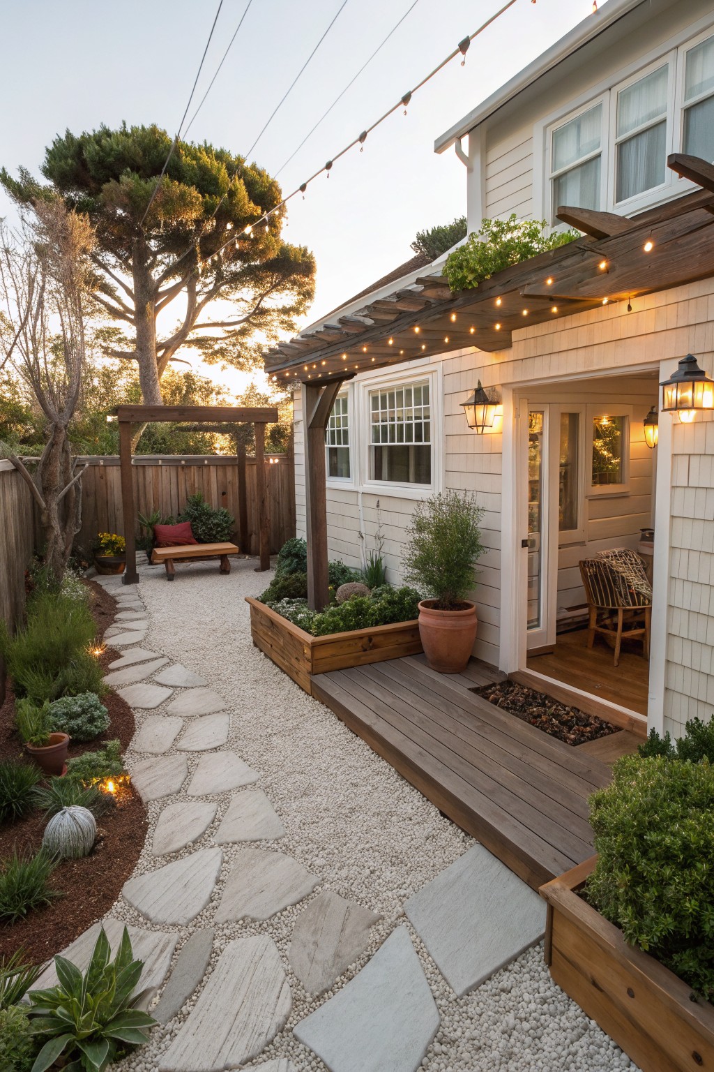 Backyard view showing a gravel path with irregular stone pavers leading alongside a wooden deck and raised planter boxes with evergreen shrubs.