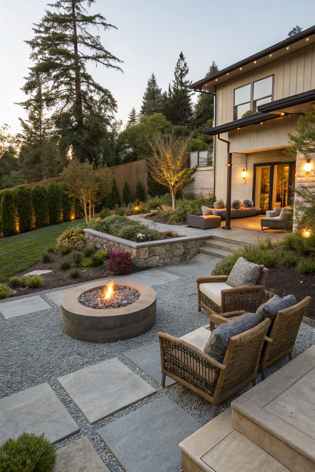 Backyard fire pit area with gravel ground cover, concrete fire pit, wicker seating, and evergreen landscaping beside a modern house.