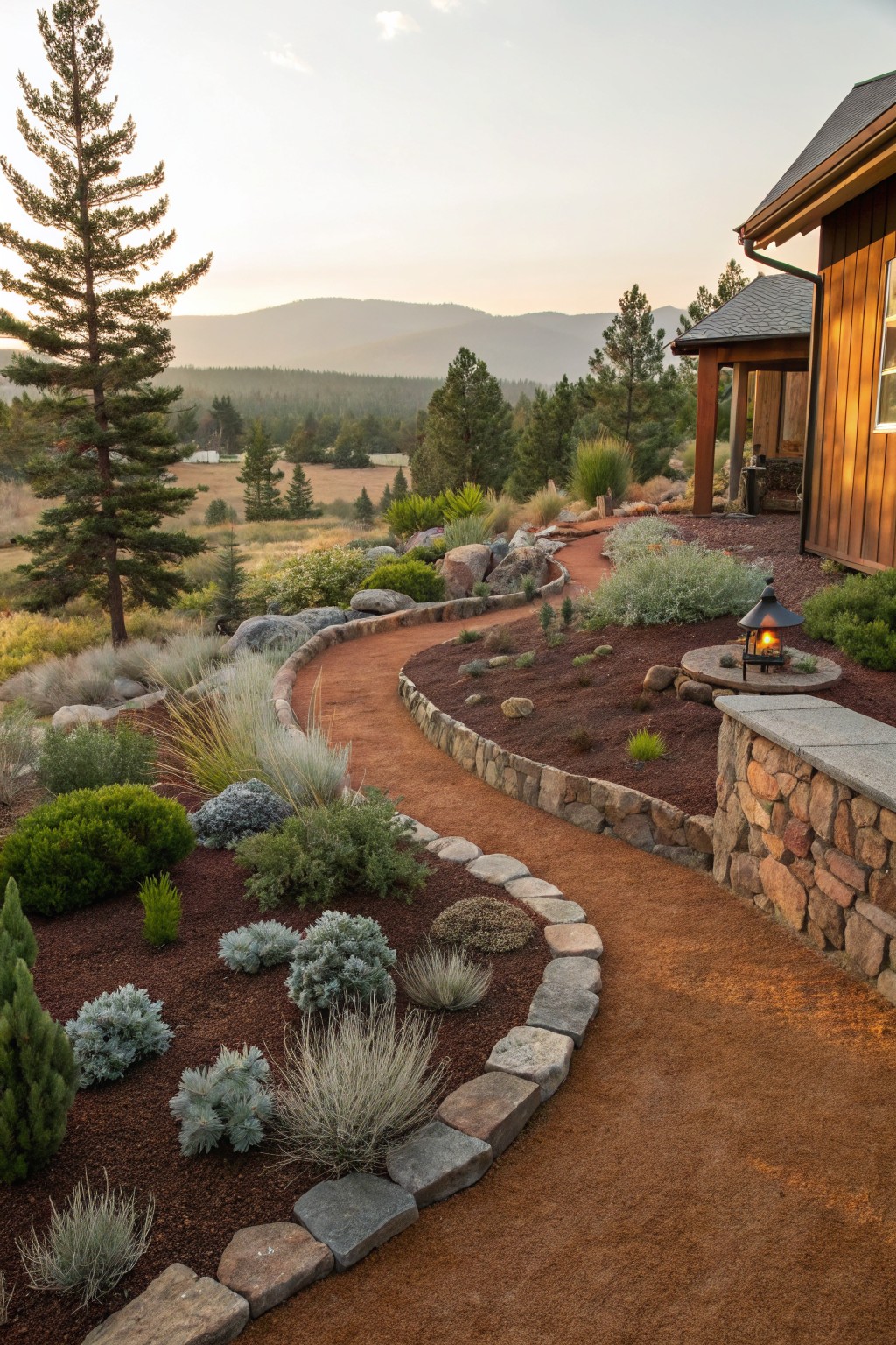 A winding gravel path bordered by stone edging and mulch beds planted with evergreens and shrubs beside a wooden house.