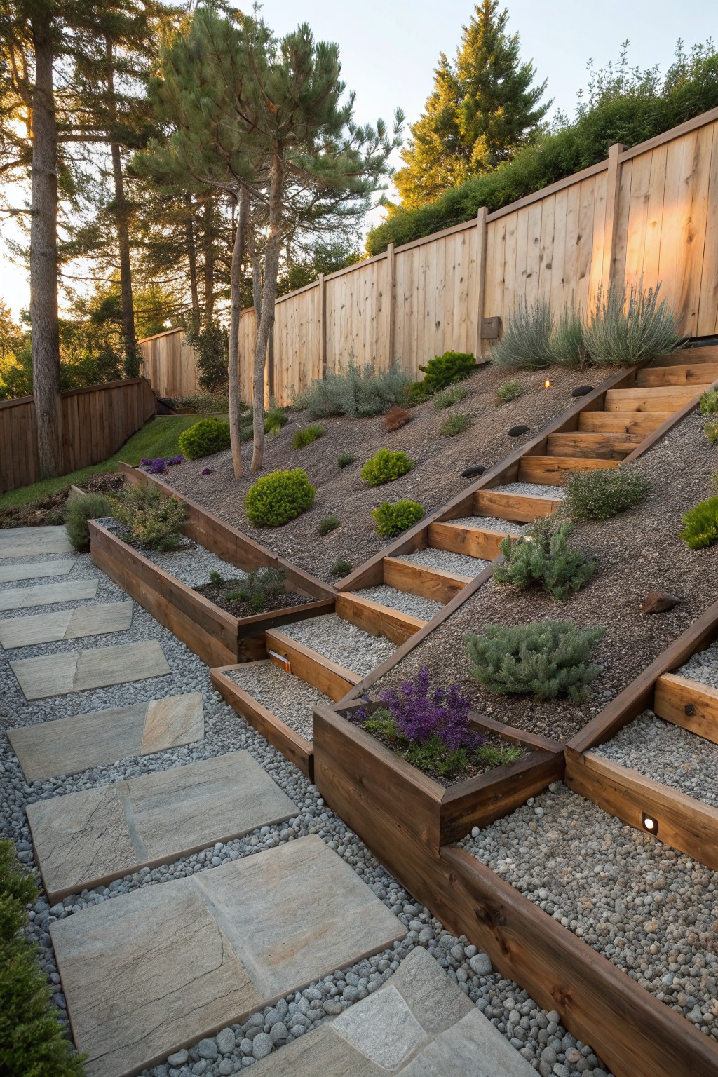 A backyard slope terraced with wooden retaining walls, gravel beds, stone steps, and low evergreen shrubs.