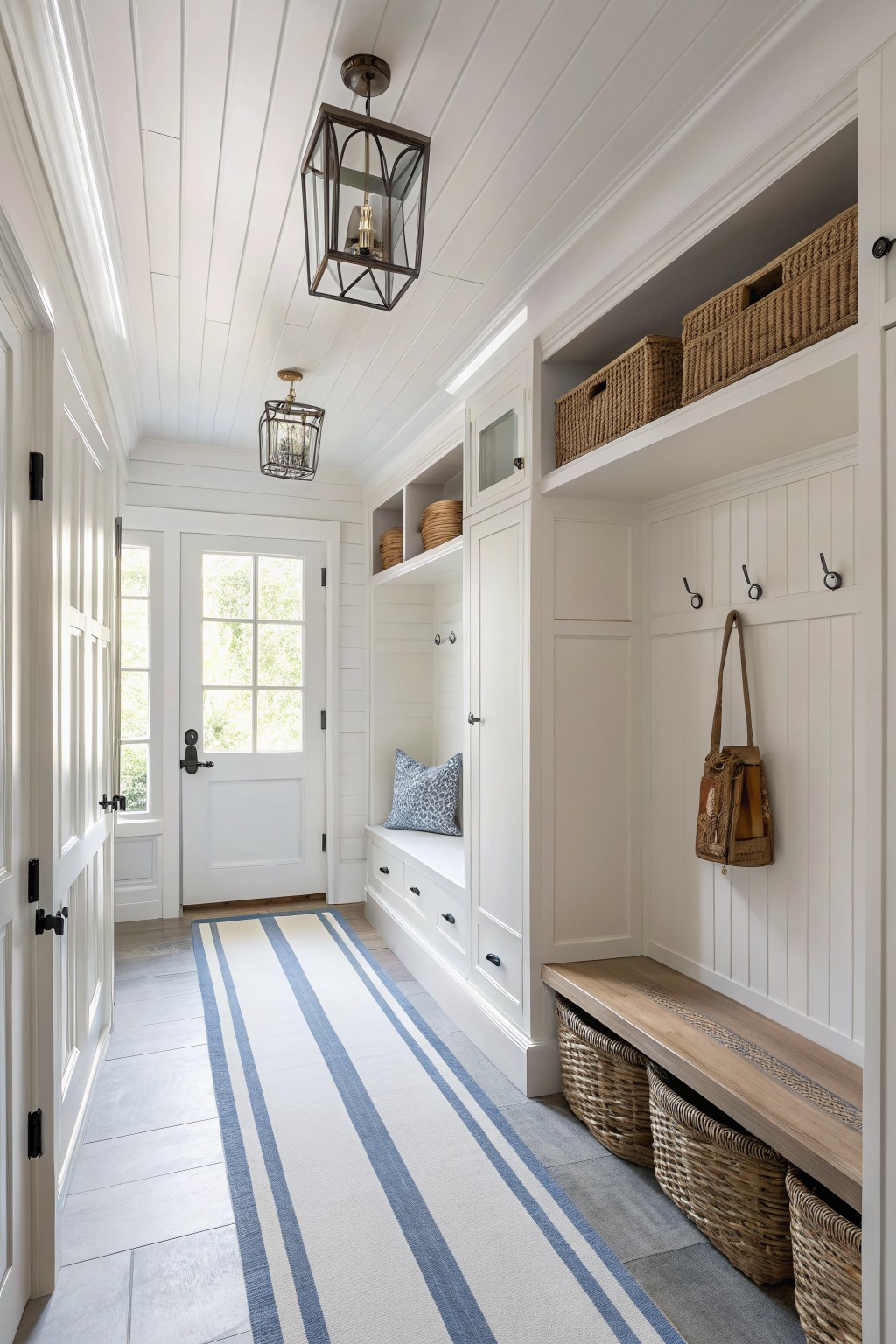White painted built-in cabinetry and bench in a farmhouse entryway.