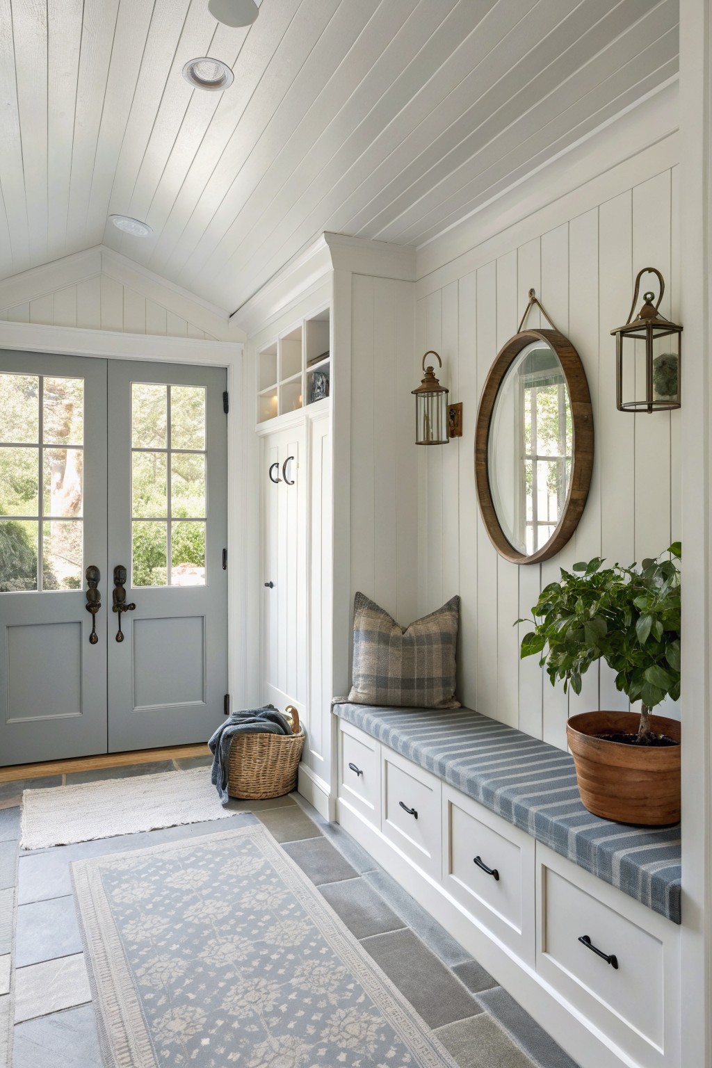 White walls and built-in storage in a bright farmhouse entryway.