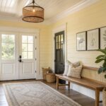 Pale yellow walls in a farmhouse style entryway with white trim and a wooden bench.