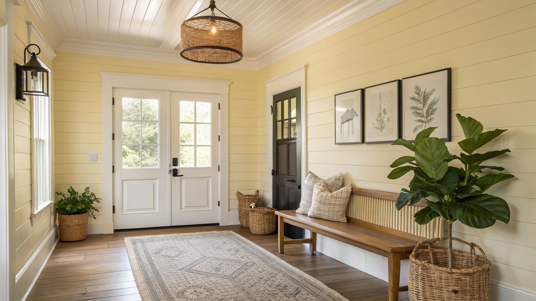 Pale yellow walls in a farmhouse style entryway with white trim and a wooden bench.