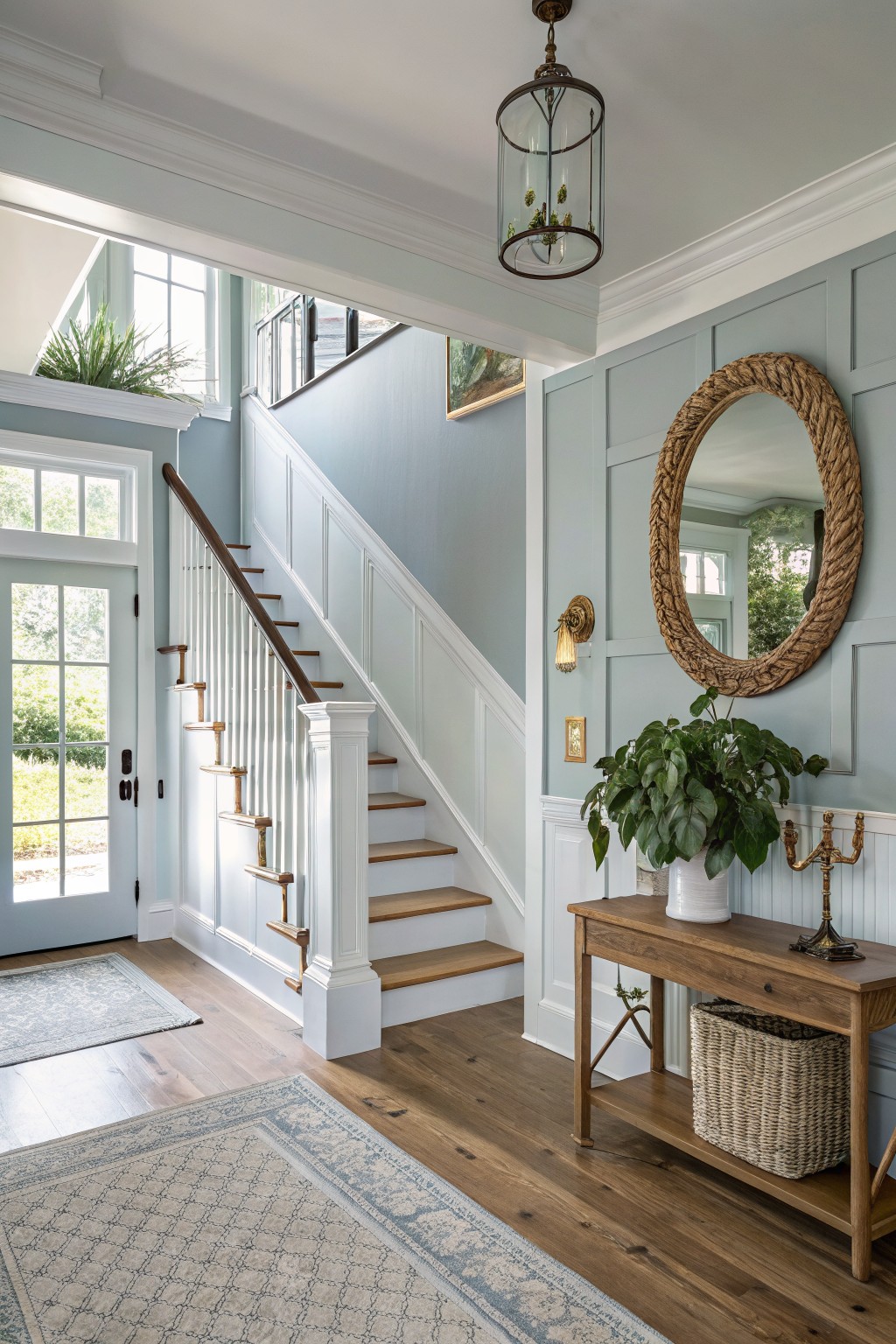 Light blue gray walls in a farmhouse entryway with a white staircase.