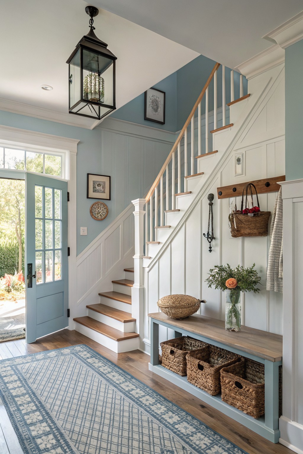 Charming blue-and-white foyer with staircase, bench, woven baskets, and rug.