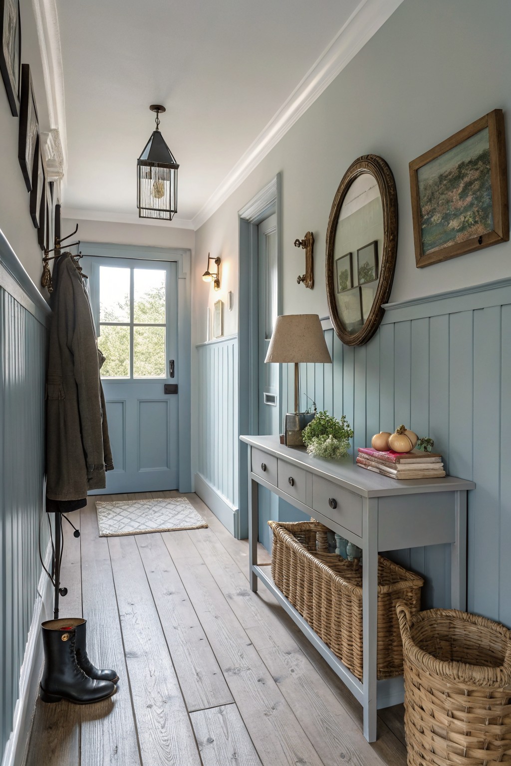 A hallway with soft blue gray walls and white wainscoting.