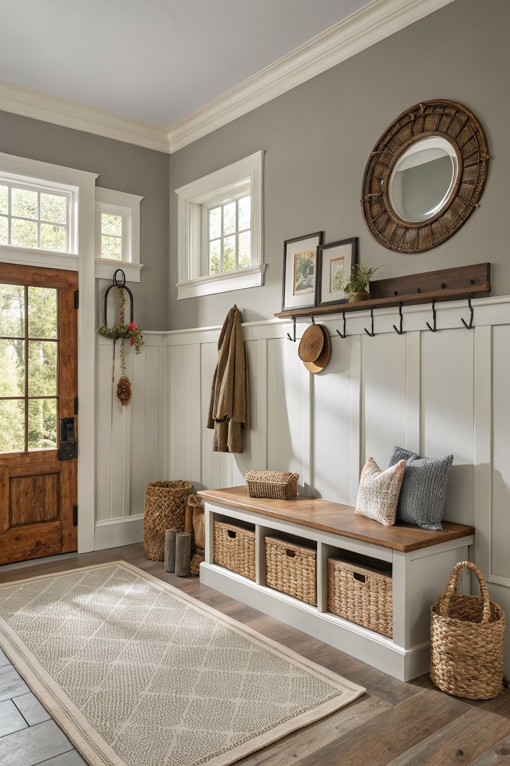 Soft gray walls above white wainscoting in a farmhouse entryway.