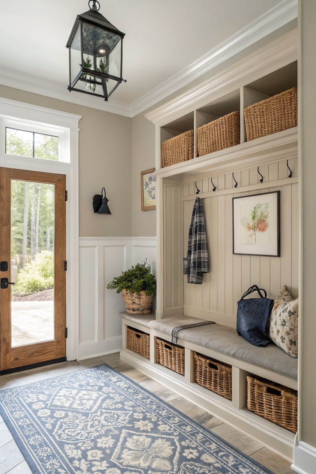 A farmhouse entryway with soft greige walls and built-in storage bench.